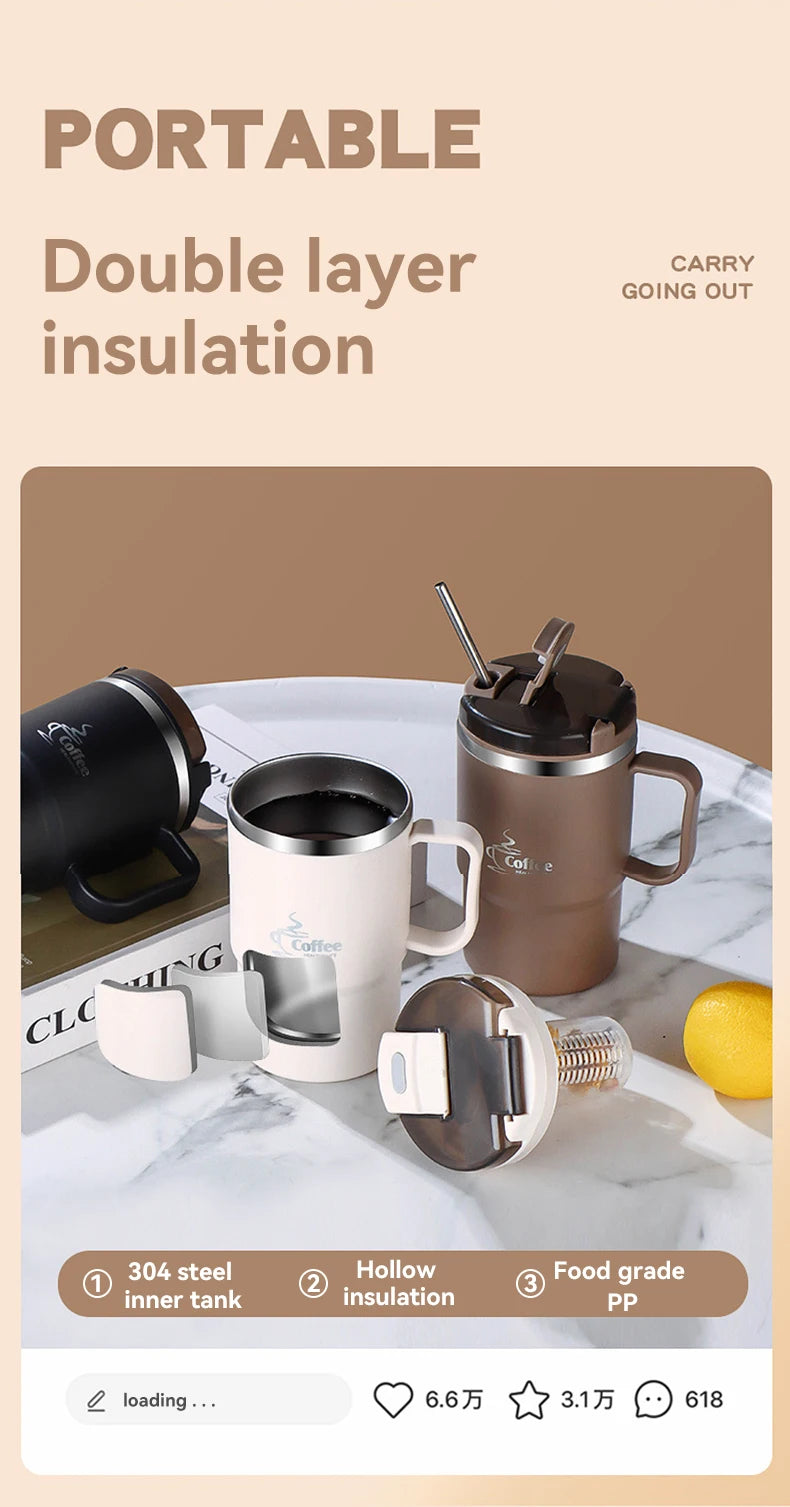 Stainless Steel Mug Double Layer Insulated Coffee Cup With Spoon & Strainer Sealed Thermal Cup