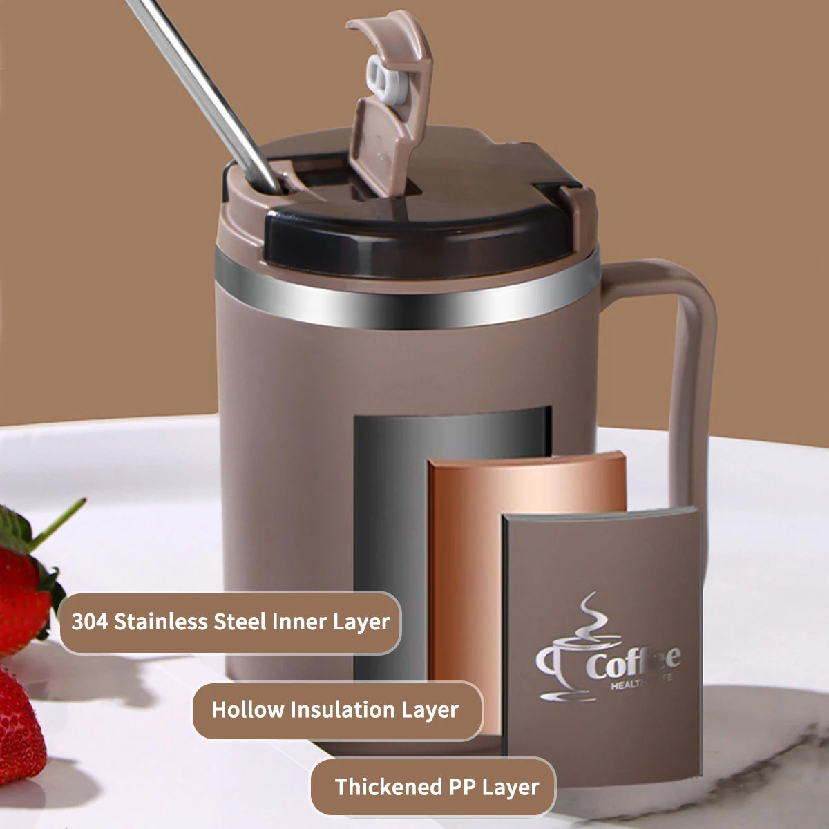 Stainless Steel Mug Double Layer Insulated Coffee Cup With Spoon & Strainer Sealed Thermal Cup