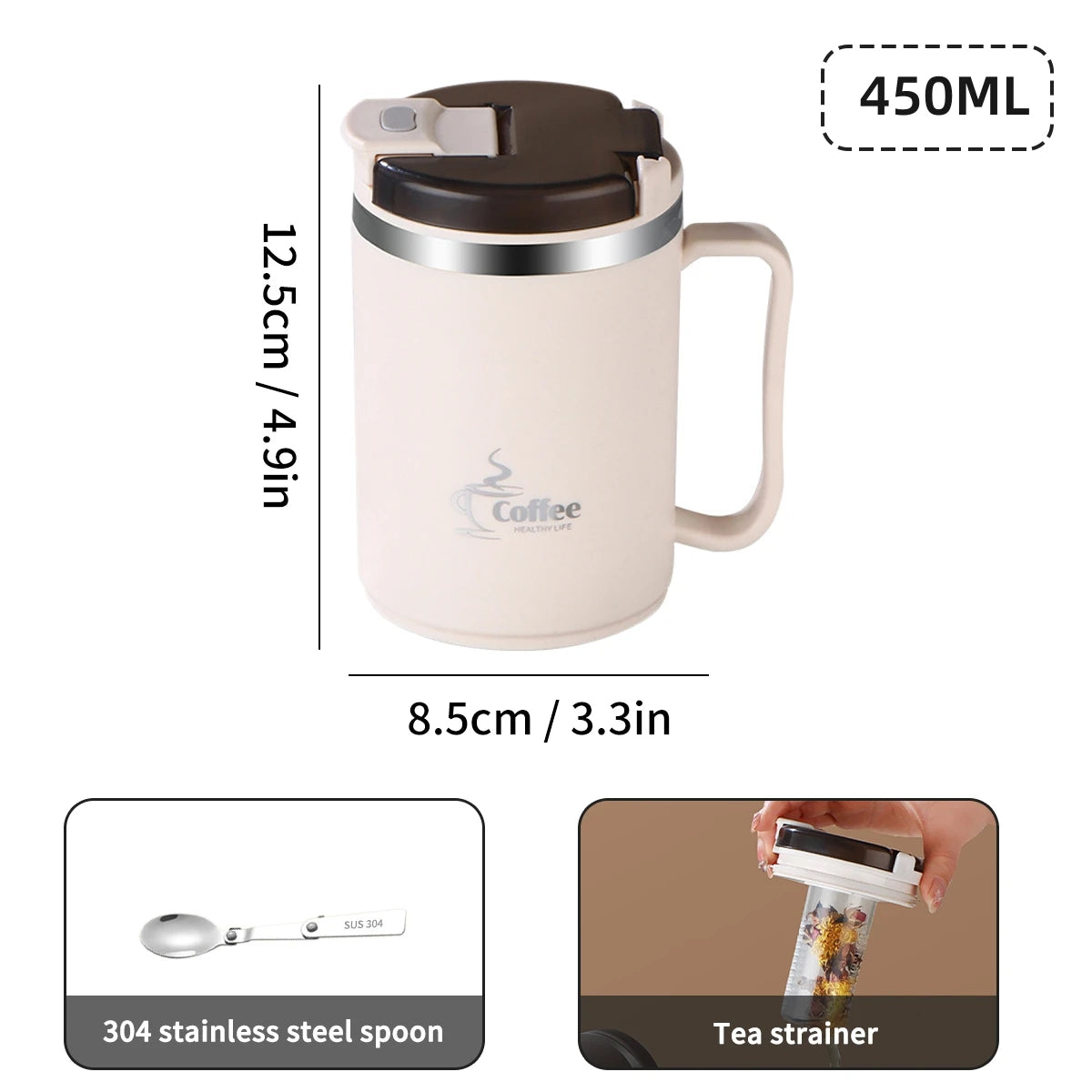 Stainless Steel Mug Double Layer Insulated Coffee Cup With Spoon & Strainer Sealed Thermal Cup