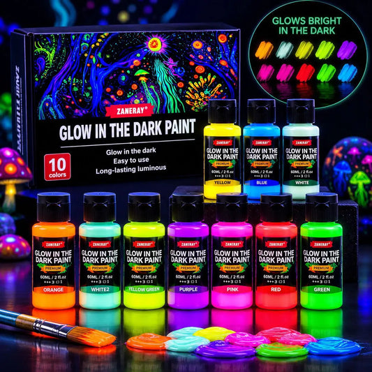 10 Colors Glow in The Dark Paint 60ml Acrylic Luminous Fluorescent Pigment for DIY Crafts Wall Paints Halloween Party Decoration