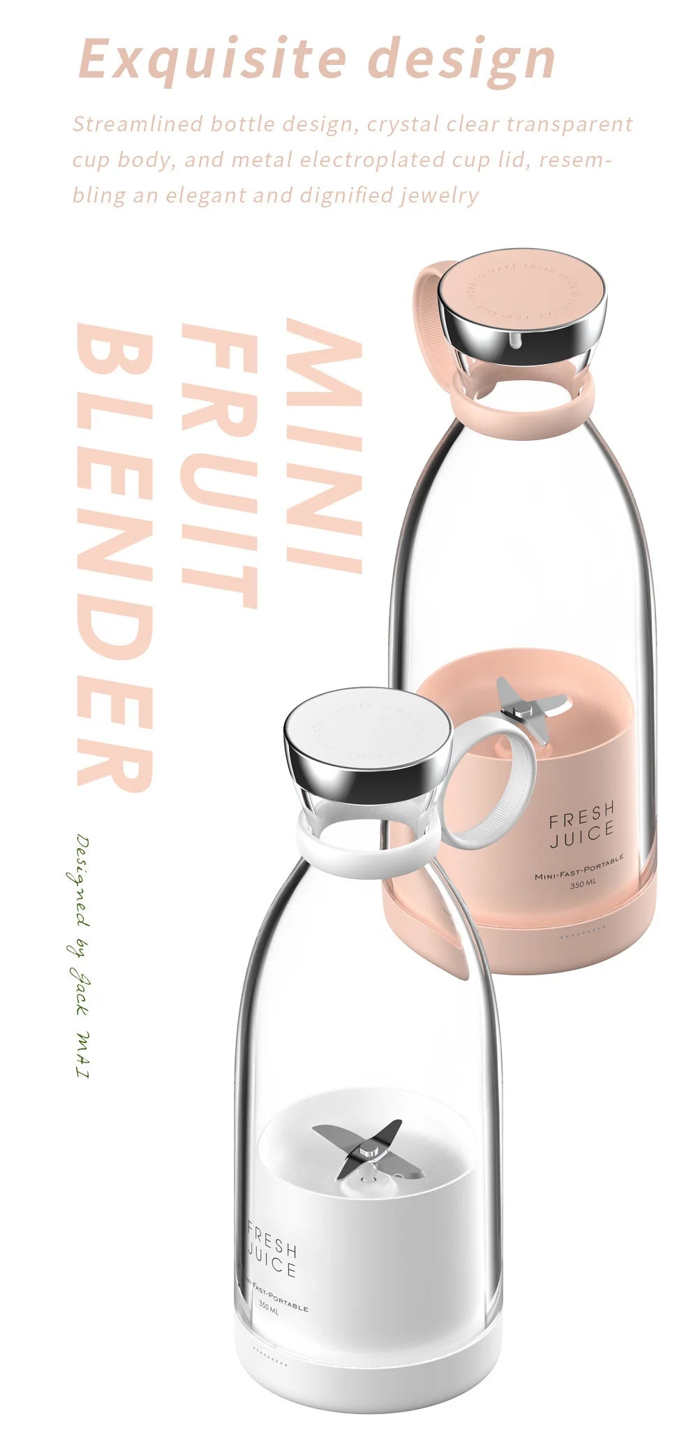 Batidora licuadora portátil recargable, mezclador inalámbrico para zumo fresco, 350 ml con cargador