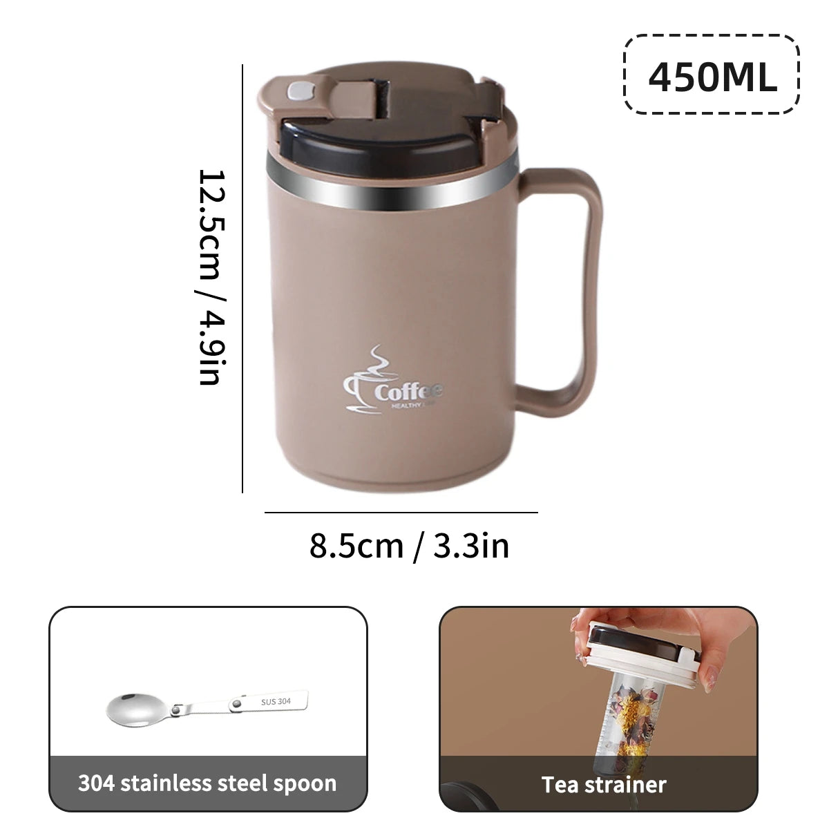 Stainless Steel Mug Double Layer Insulated Coffee Cup With Spoon & Strainer Sealed Thermal Cup