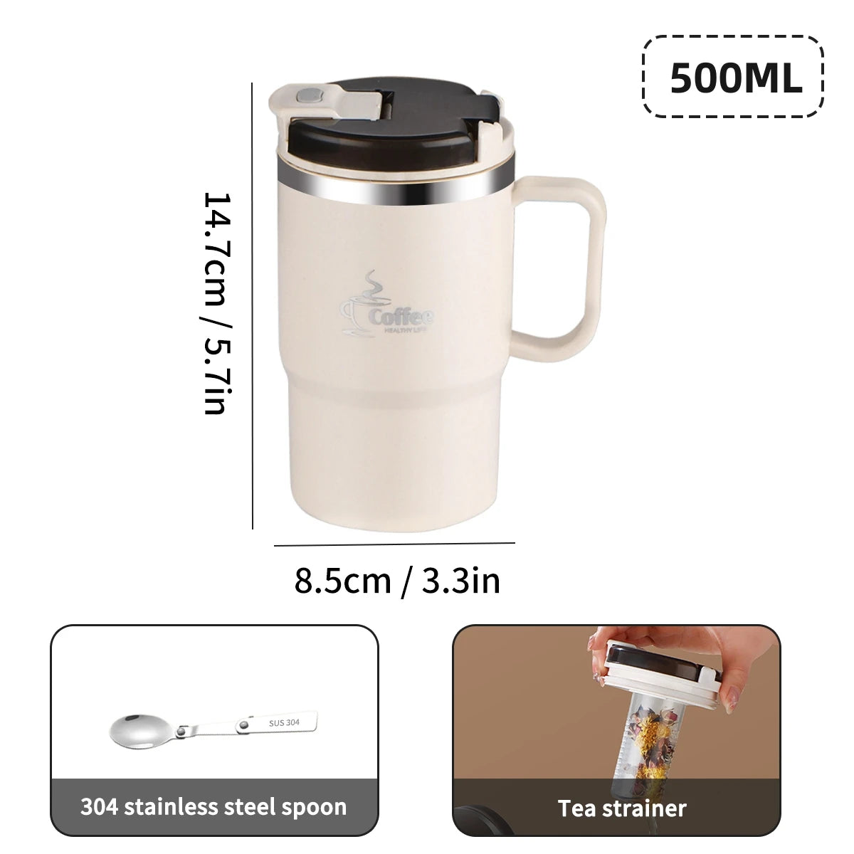 Stainless Steel Mug Double Layer Insulated Coffee Cup With Spoon & Strainer Sealed Thermal Cup