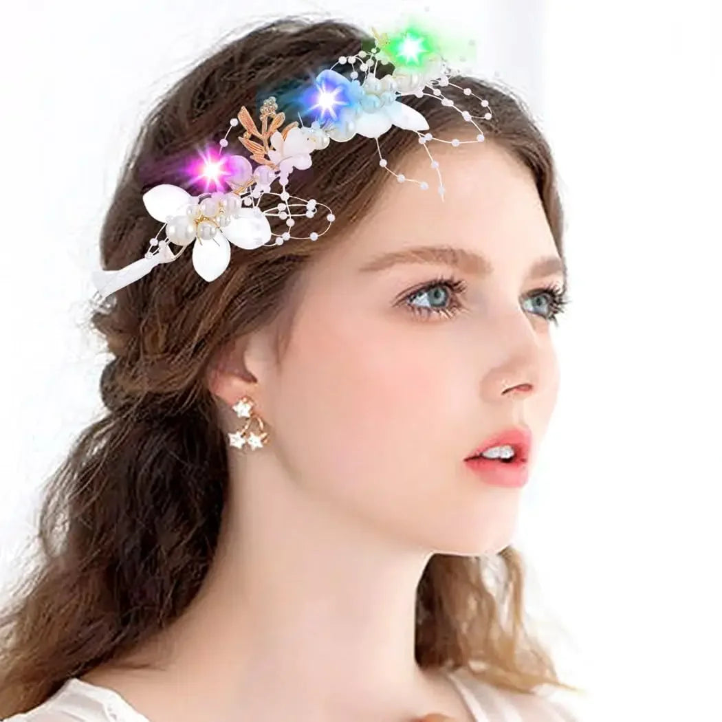 Glow Party Light Up Headband Flower Bridal Wedding Hair Vine Silver Bride Hair Piece Pearl Hair Accessories for Women and Girls
