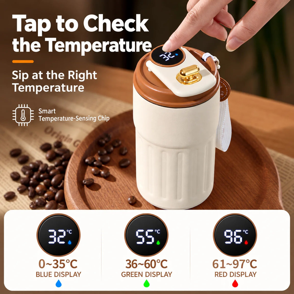 キュートなレトロ調スマート温度表示トラベルコーヒーマグ 420ML 316ステンレススチール 真空断熱カップ 漏れ防止 携帯用 アウトドア 車用