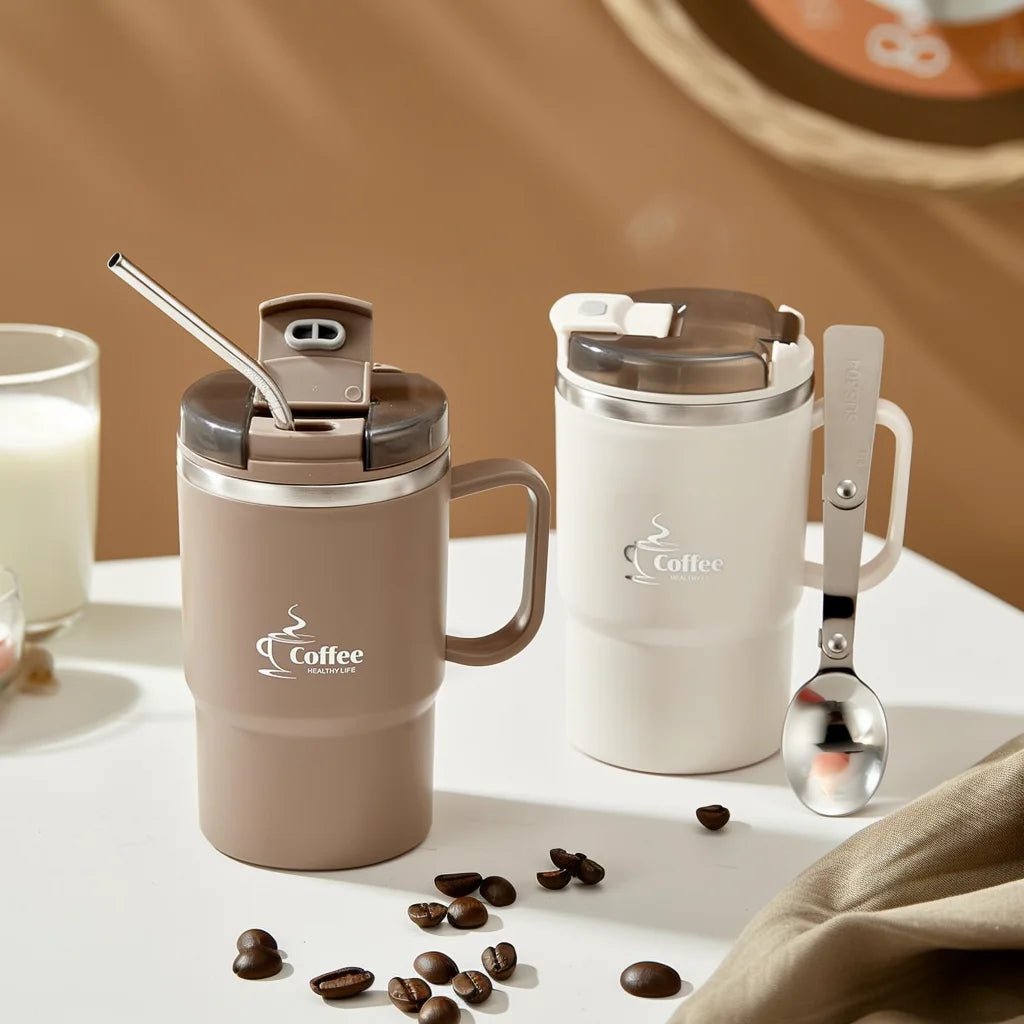 Stainless Steel Mug Double Layer Insulated Coffee Cup With Spoon & Strainer Sealed Thermal Cup