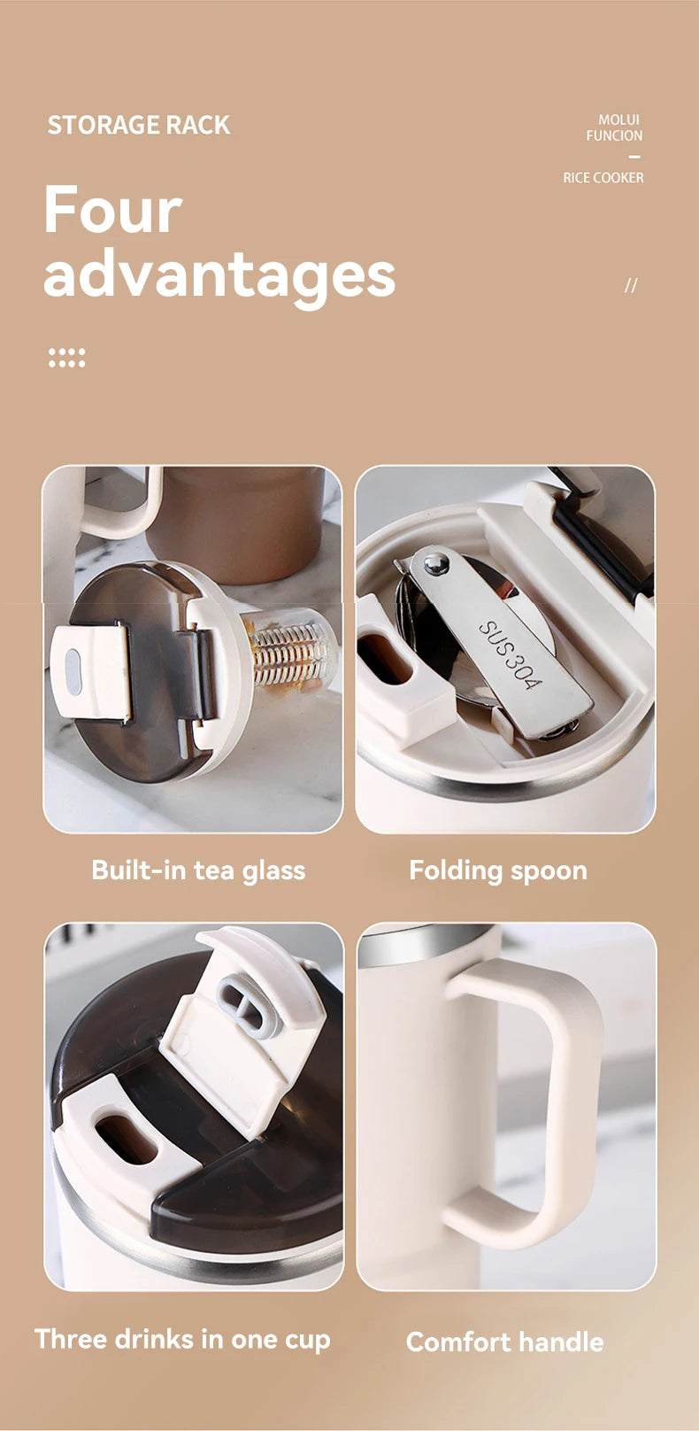 Stainless Steel Mug Double Layer Insulated Coffee Cup With Spoon & Strainer Sealed Thermal Cup
