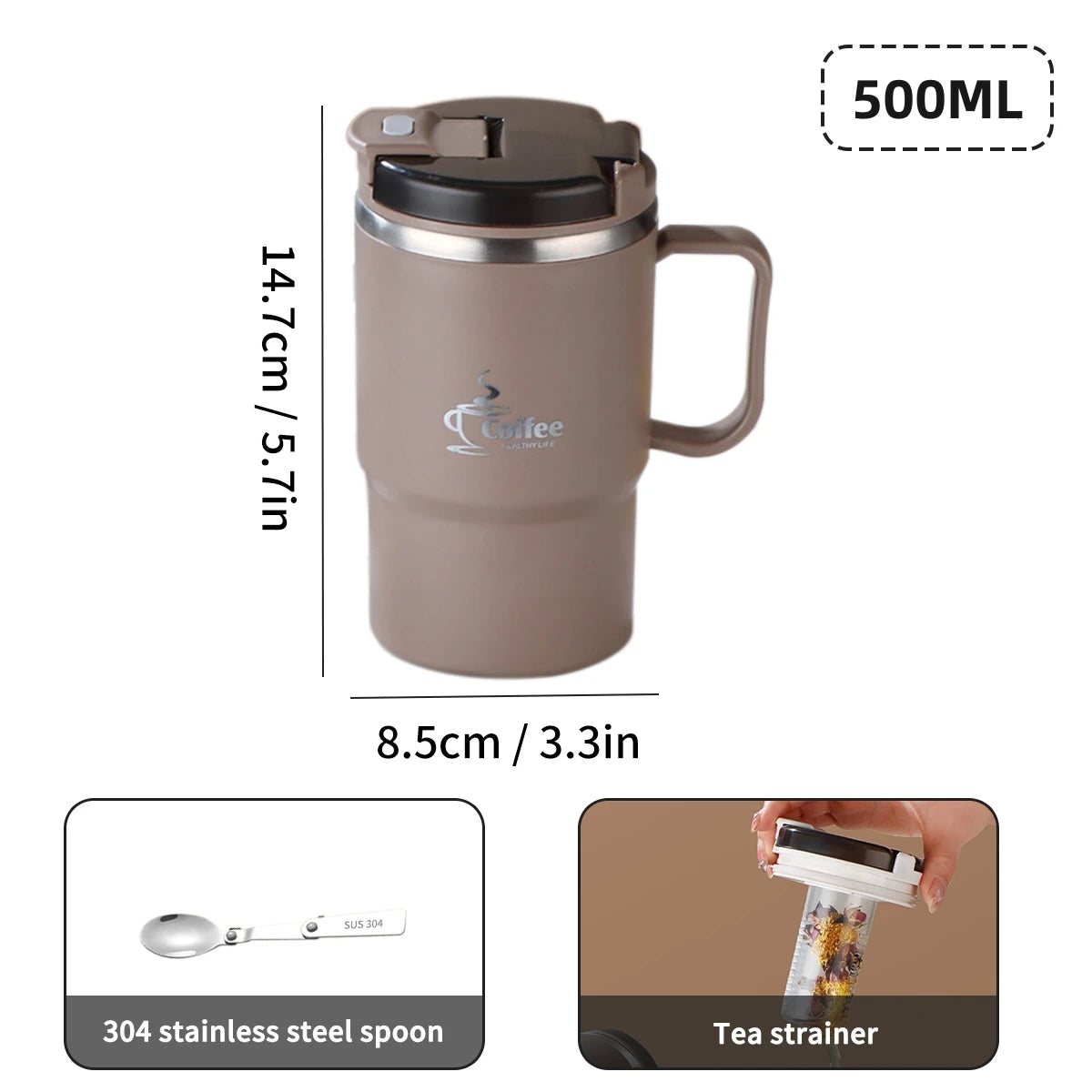 Stainless Steel Mug Double Layer Insulated Coffee Cup With Spoon & Strainer Sealed Thermal Cup