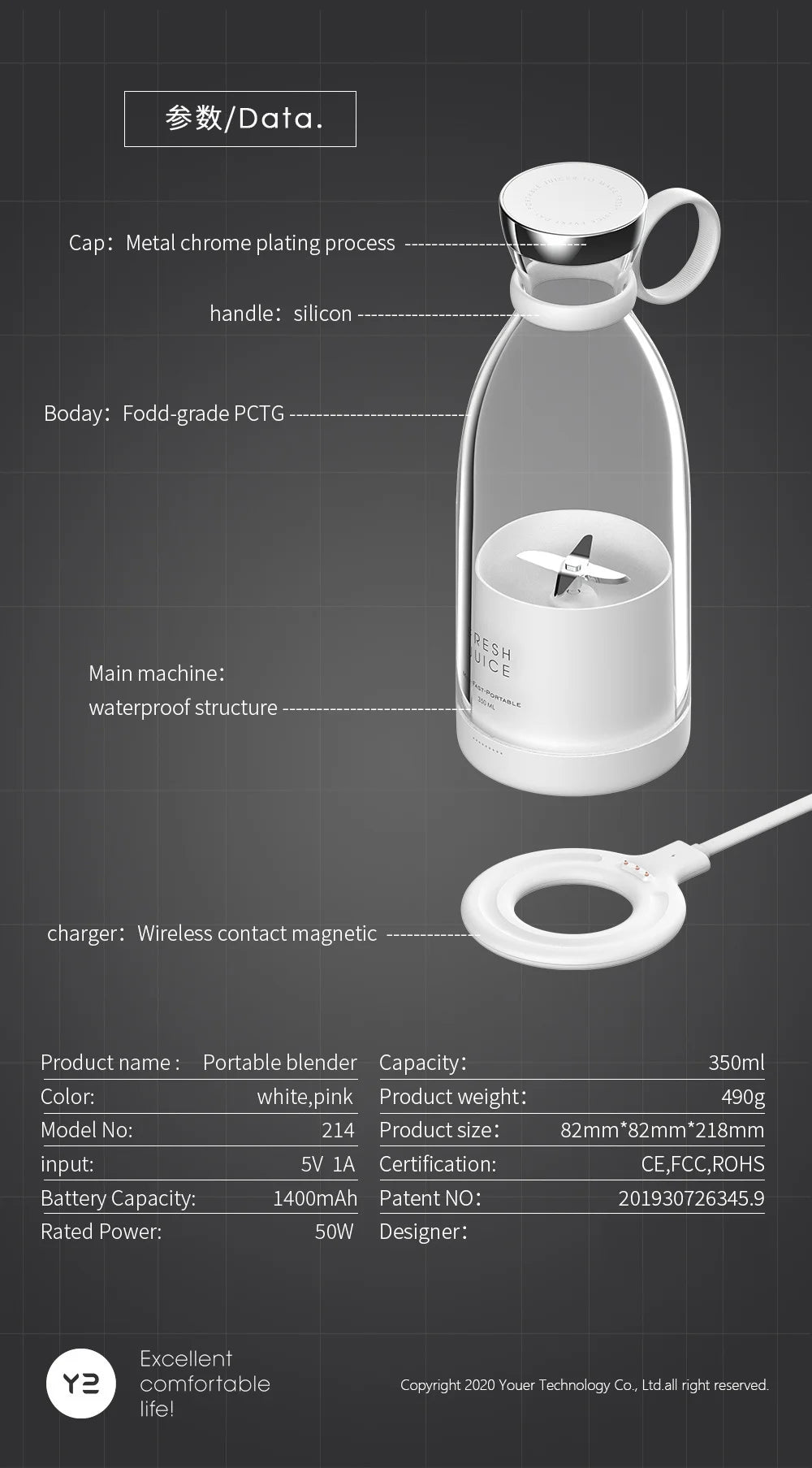 Batidora licuadora portátil recargable, mezclador inalámbrico para zumo fresco, 350 ml con cargador