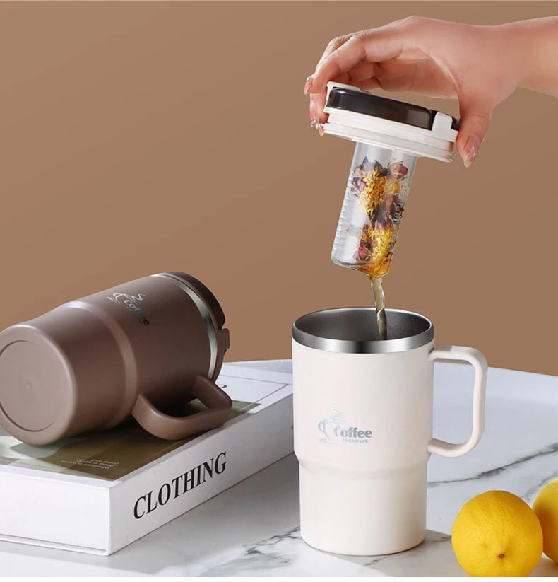 Stainless Steel Mug Double Layer Insulated Coffee Cup With Spoon & Strainer Sealed Thermal Cup