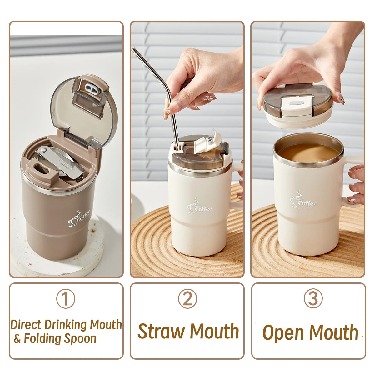 Stainless Steel Mug Double Layer Insulated Coffee Cup With Spoon & Strainer Sealed Thermal Cup