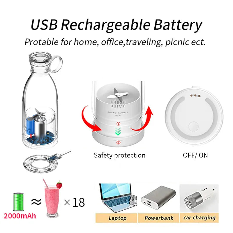 Batidora licuadora portátil recargable, mezclador inalámbrico para zumo fresco, 350 ml con cargador
