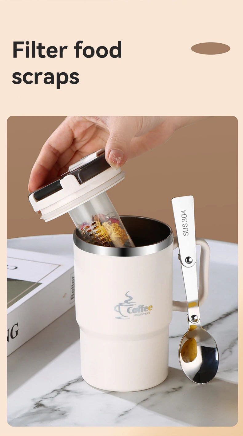 Stainless Steel Mug Double Layer Insulated Coffee Cup With Spoon & Strainer Sealed Thermal Cup