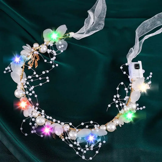 Glow Party Light Up Headband Flower Bridal Wedding Hair Vine Silver Bride Hair Piece Pearl Hair Accessories for Women and Girls