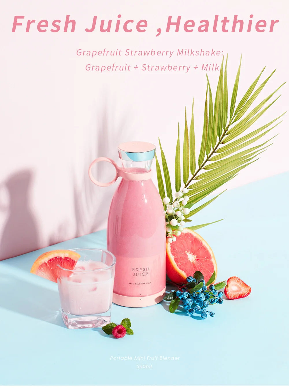 Batidora licuadora portátil recargable, mezclador inalámbrico para zumo fresco, 350 ml con cargador