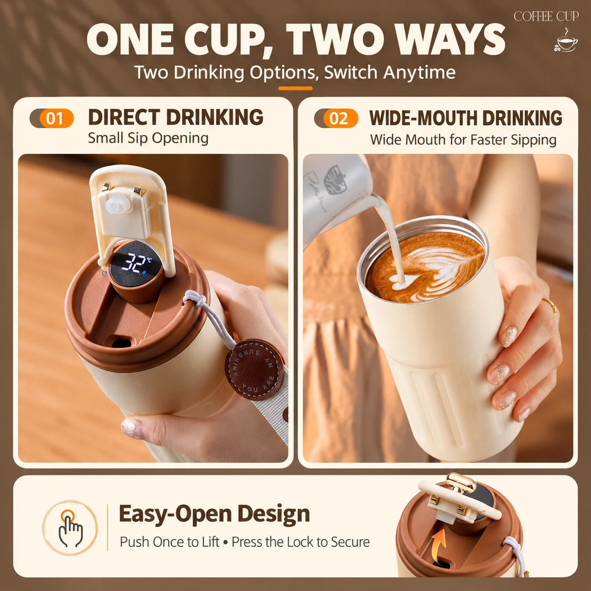 キュートなレトロ調スマート温度表示トラベルコーヒーマグ 420ML 316ステンレススチール 真空断熱カップ 漏れ防止 携帯用 アウトドア 車用