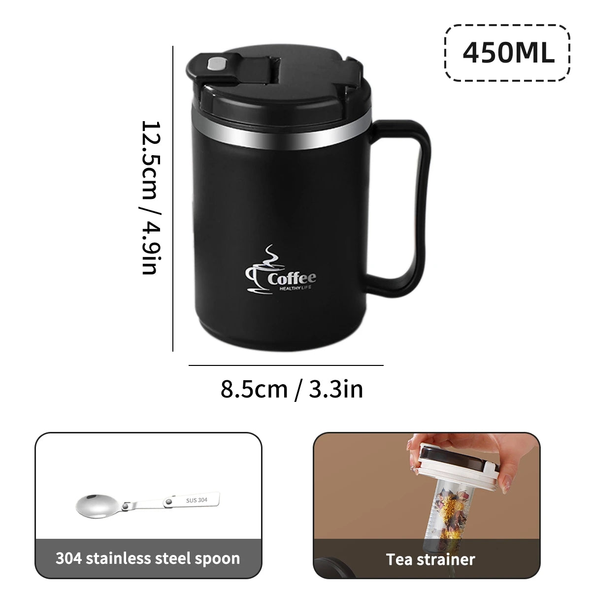 Stainless Steel Mug Double Layer Insulated Coffee Cup With Spoon & Strainer Sealed Thermal Cup