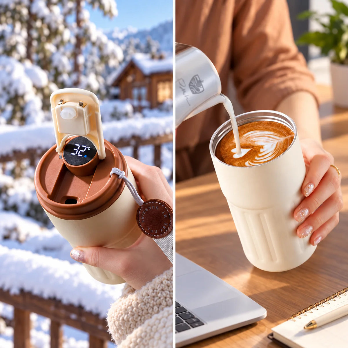 キュートなレトロ調スマート温度表示トラベルコーヒーマグ 420ML 316ステンレススチール 真空断熱カップ 漏れ防止 携帯用 アウトドア 車用