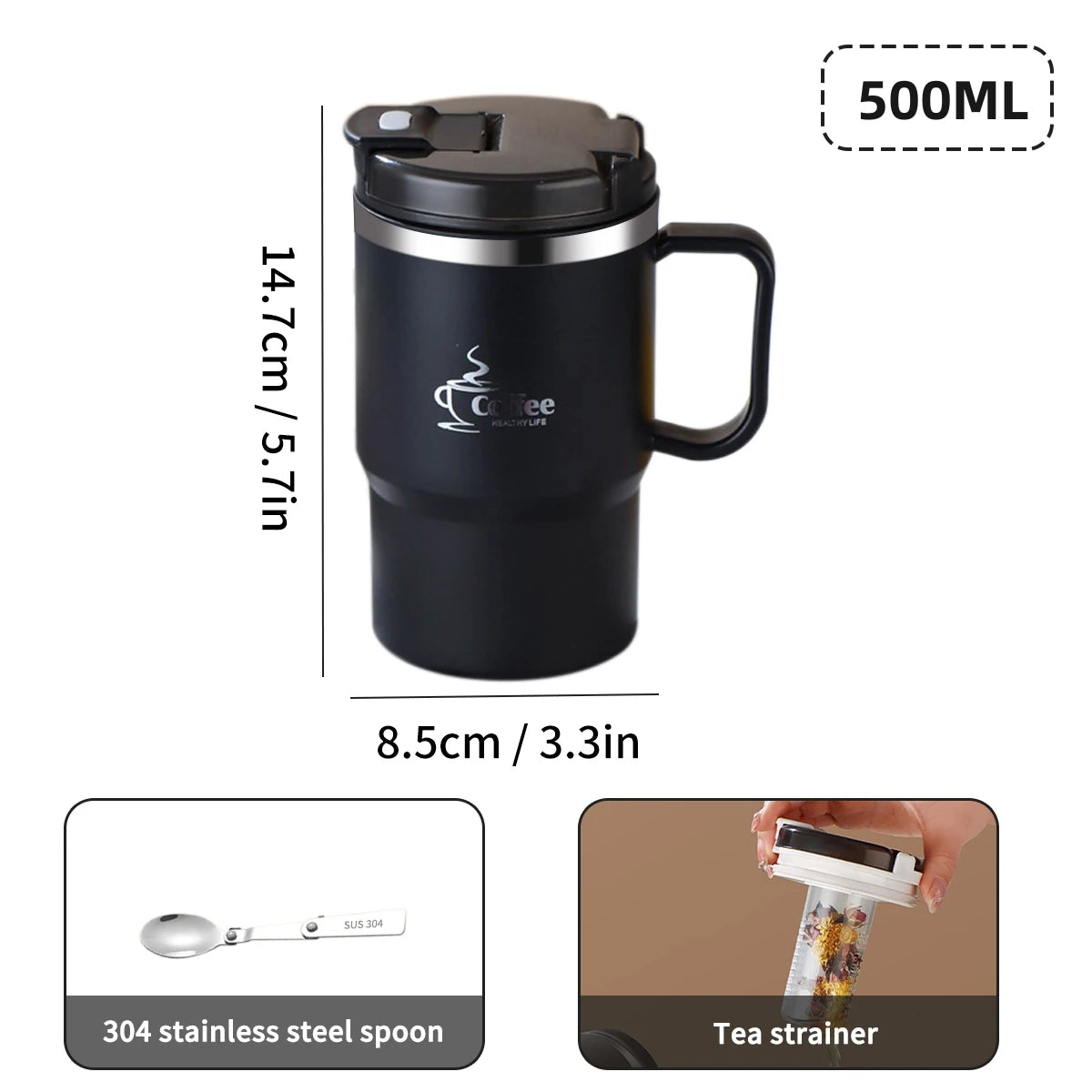 Stainless Steel Mug Double Layer Insulated Coffee Cup With Spoon & Strainer Sealed Thermal Cup